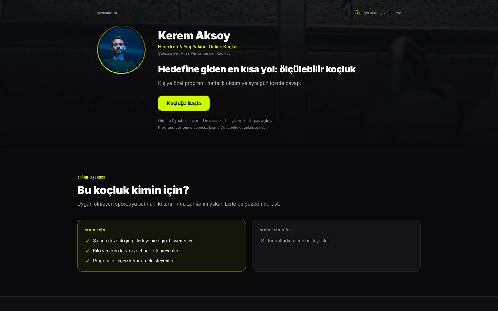 Örnek koç satış sayfası: koçun adı, uzmanlığı, başlangıç paketi ve Koçluğa Başla düğmesi
