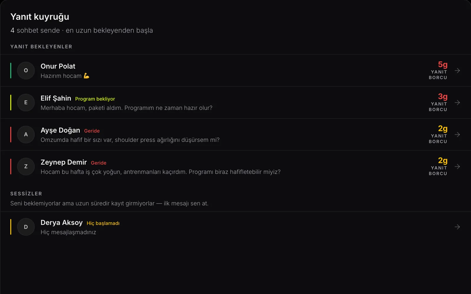 Mesajlaşma, demo hesap: sporcu sohbet listesi, en uzun bekleyen önde